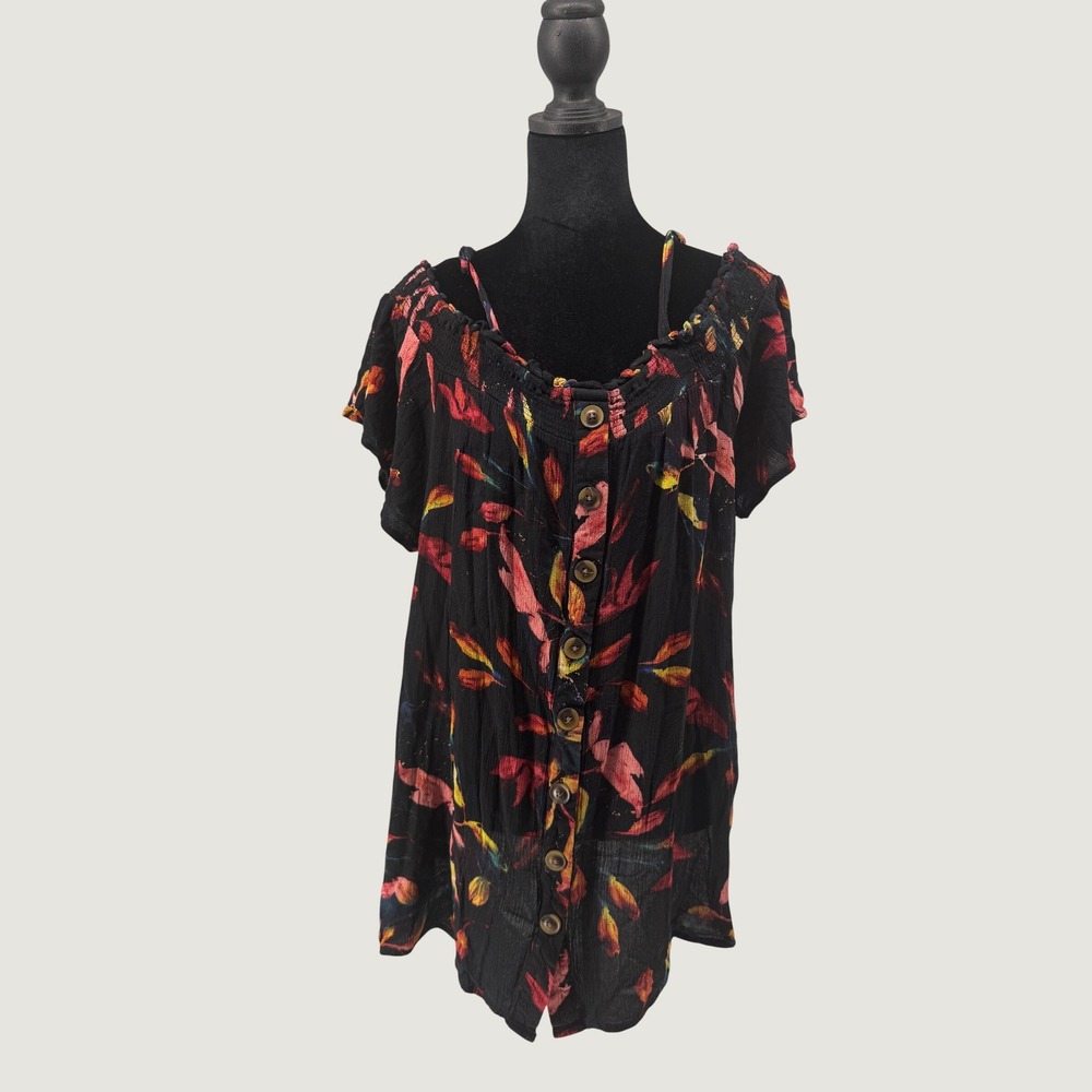 Torrid Cold Shoulder Top Womens 1 Black Red Leaf Good Smocked Button Front Boho